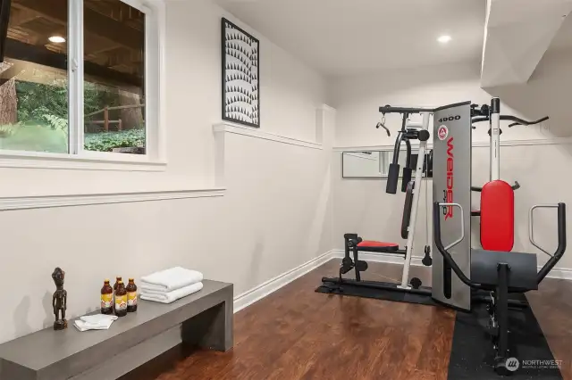 Lower level gym room with updated, high end laminate hardwood flooring. Gym equipment stays so you have no excuses.