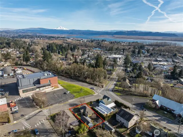 Aerial View of Home, Downtown Camas, & Mt Hood