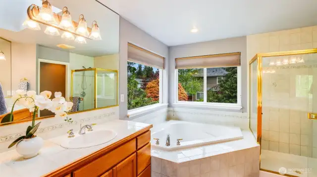 The en suite boasts both a glass-enclosed shower and a relaxing separate bathtub, creating a spa-like retreat