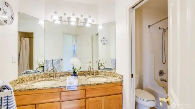 Double vanity with separate toilet and tub/shower-great for sharing and guests