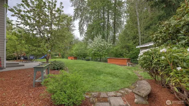 Lush backyard with plenty of grassy areas and surrounding greenery for outdoor activities and relaxation