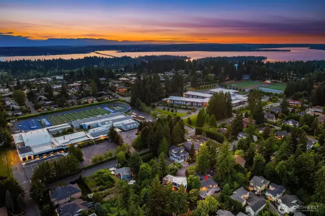 Three schools close by! The home with the map pin shows the proximity to three top notch schools. Also a nice view of Puget Sound and the 520 bridge with an easy commute to Seattle.