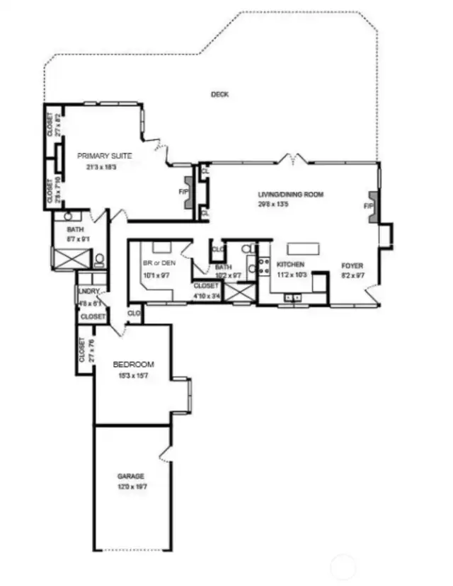 The floor plan of the home shows the spacious primary suite opening onto the deck as well as the main living area.