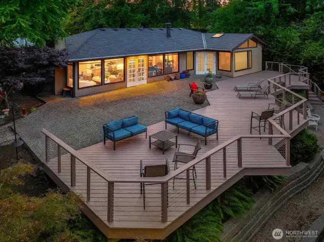 An aerial view that shows the open floor plan and expansive deck.