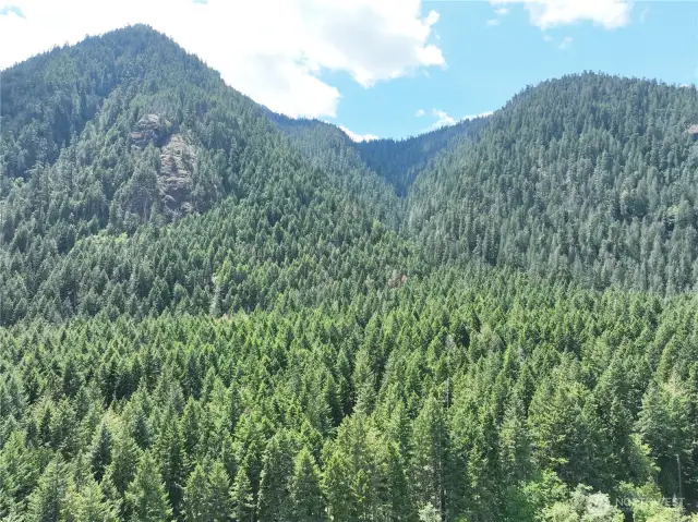 Arial of property looking west with mountain backdrop