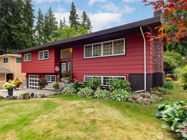 Large front yard with established plantings