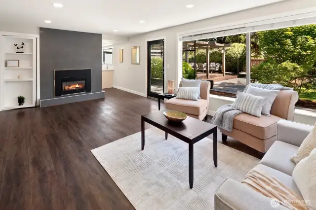 Lower recreation room with gas fireplace