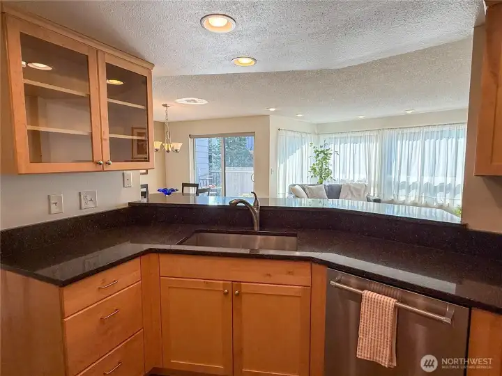 Updated kitchen with granite counters, new cupboards and drawers.