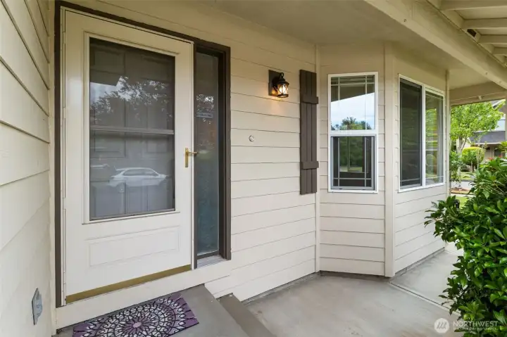 Protective storm door and covered entry. Protective storm door and covered entry.