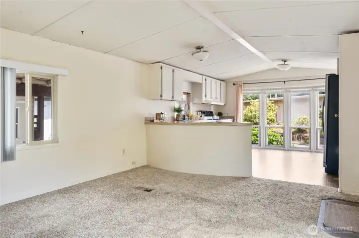 Looking from the entrance to the kitchen and dining area