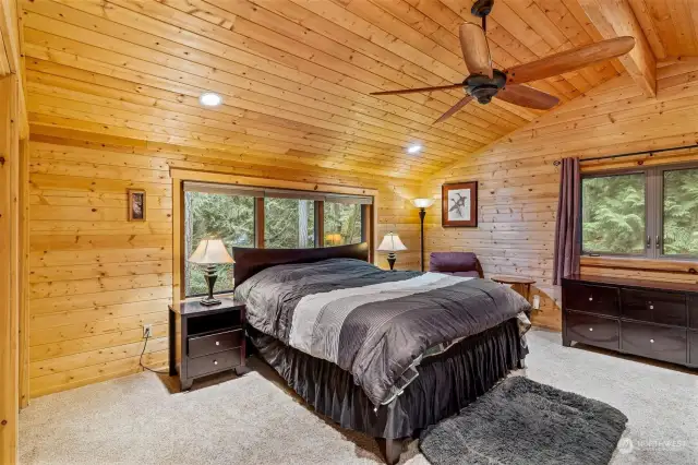 Generous primary with multiple closets, walk in and ceiling fan