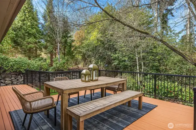 Lush greenery surrounding this sweeping deck is the perfect backdrop for entertaining!