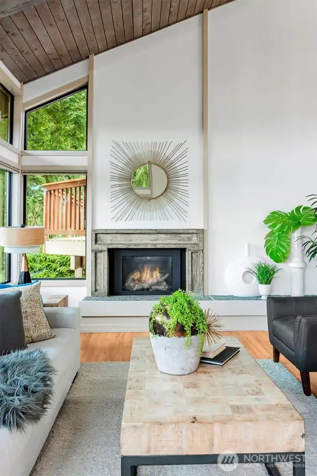 A gas fireplace serves as the perfect focal point, offering both warmth and charm.