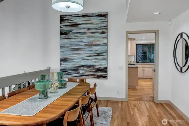 Adding to its design, the dining room is    conveniently close to the kitchen.