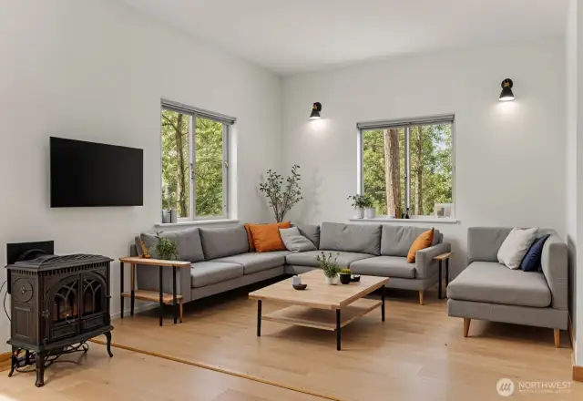 Propane freestanding stove for backup heat and ambiance. Living room is virtually staged.