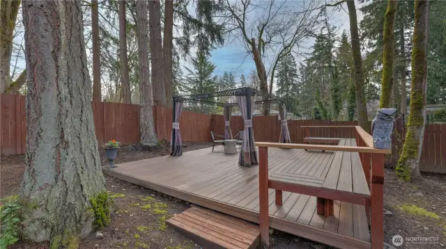 Large custom composite deck for easy care with built in bench.