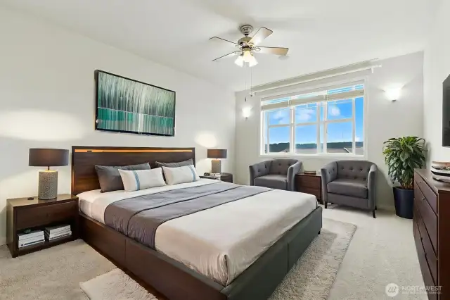 The main-level primary bedroom is spacious and filled with natural light, offering a peaceful retreat with its own en-suite bathroom for added comfort and privacy.