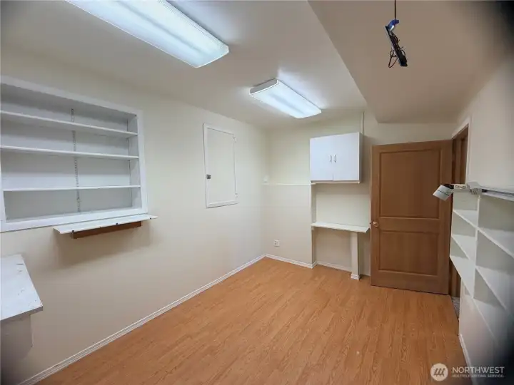 The lower level room also has a storage area for your hobby supplies.