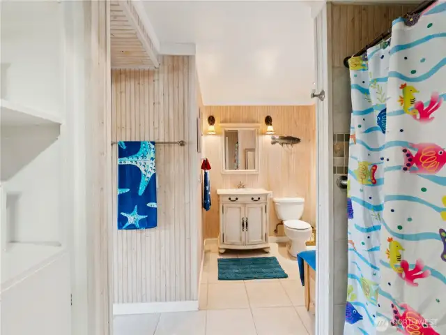 Charming beadboard & lighting.