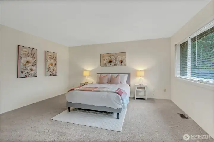 Moving upstairs you have a large primary en-suite with huge windows for light, brand new stainmaster carpet in the plushest available makes your  feet feel fabulous as you walk across the floor. Includes two closets one walk-in and one other good size closet. The primary bath attached is stunning!