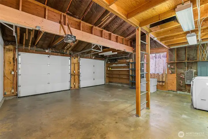 Spacious garage with mezzanine storage Spacious garage with mezzanine storage
