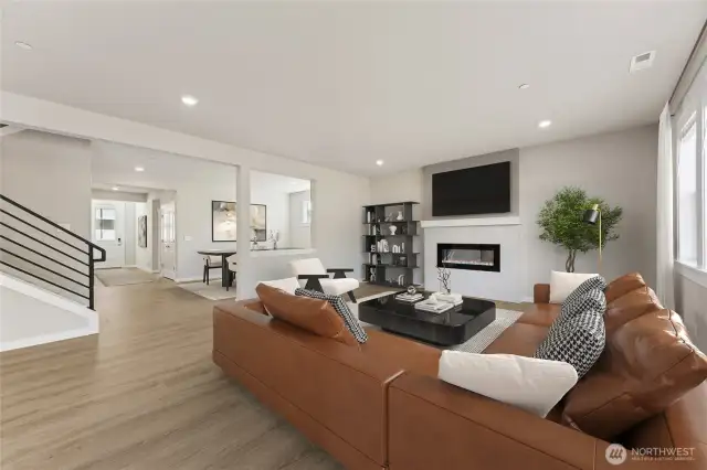 Very open great room - virtually staged.
