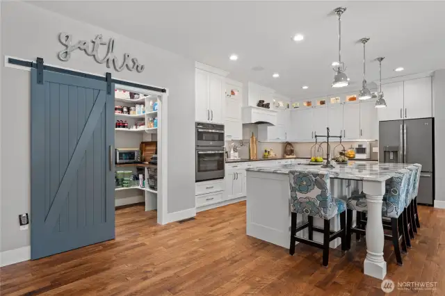 Large gourmet chef's kitchen with XL island and walk-in pantry.
