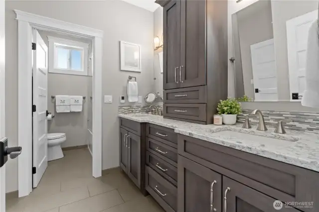Full Bathroom with radiant heated floors, double sinks, quartz countertops