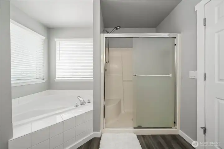 Main bathroom with soaking tub, separate shower, and modern finishes