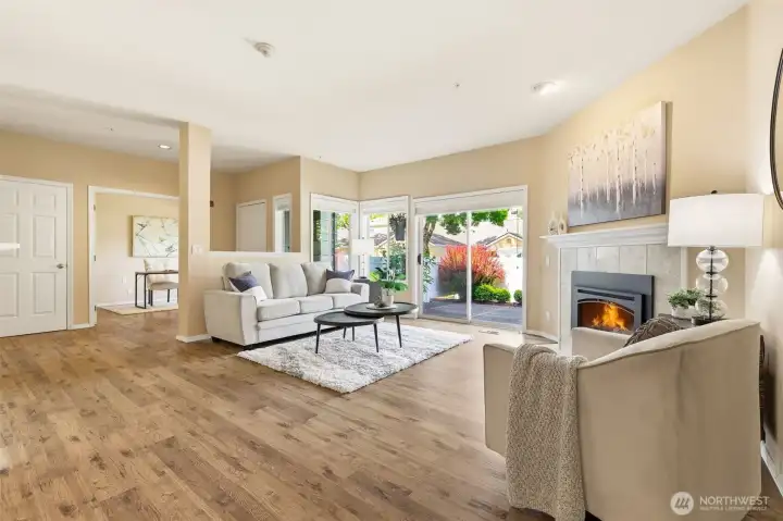 Enjoy relaxing views of the private, fenced patio from the comfort of your living room. Enjoy relaxing views of the private, fenced patio from the comfort of your living room.