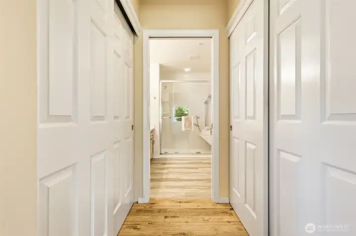 Multiple closets provide abundant wardrobe and linen storage within the primary suite. Multiple closets provide abundant wardrobe and linen storage within the primary suite.