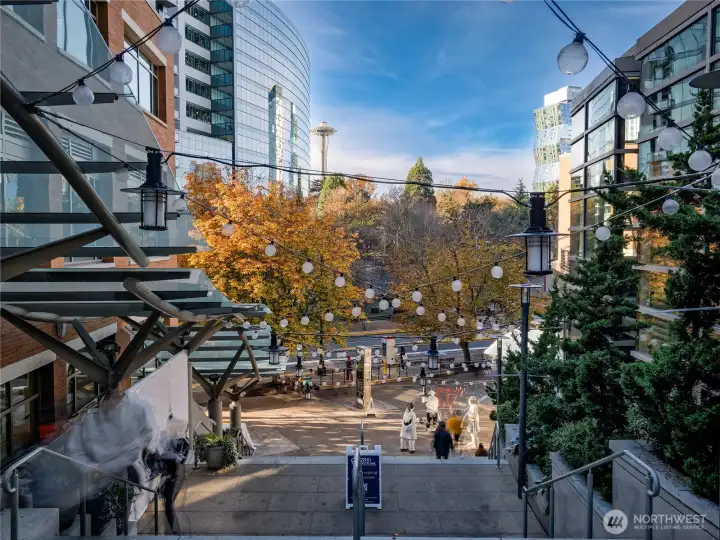 Grand staircase between courtyard and Westlake Avenue. Denny Park across the  street.