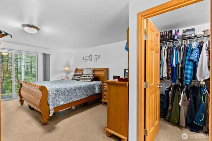 Master with walk in closet and sliding glass doors to patio/backyard