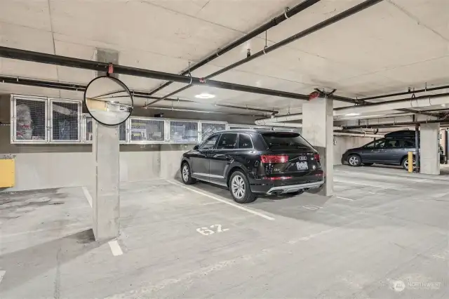 Coveted TWO garage Parking spaces (61 & 62) with convenient storage lockers on P-2 Level.