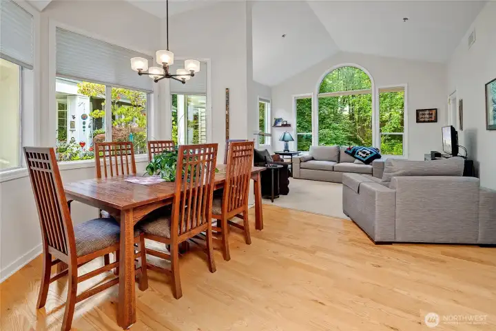 Sun drenched main level with vaulted living and dining room.