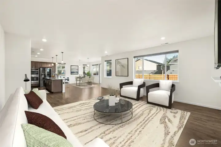 Great room, kitchen & dining - virtually staged