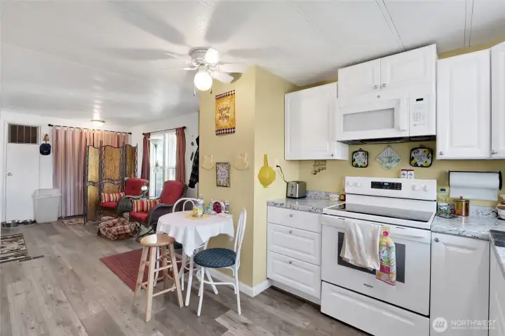 Microwave, range and dishwasher stay - also the washer and dryer stay too!