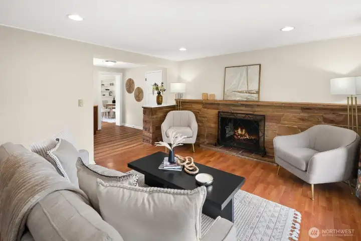 The living room opens on to the kitchen. A door to the garage adds convenient access to additional storage and parking.