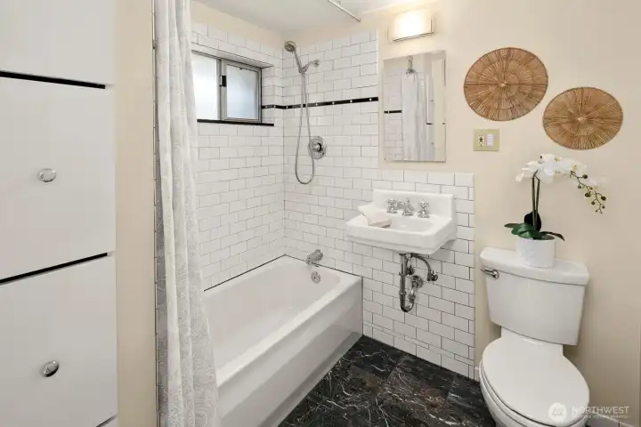 Primary bathroom with tub and shower offers additional storage in the drawers on left.