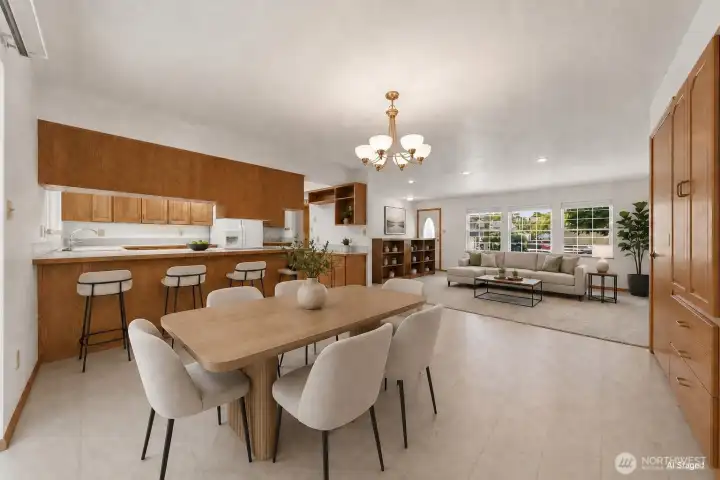 Open dining, kitchen, living area
