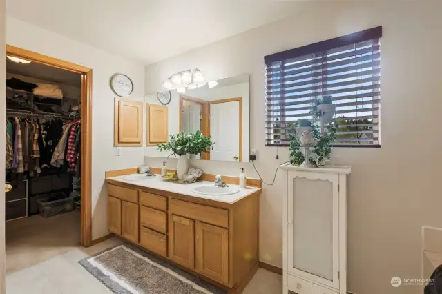 Dual Sinks and great cabinet space. Walk in closet.