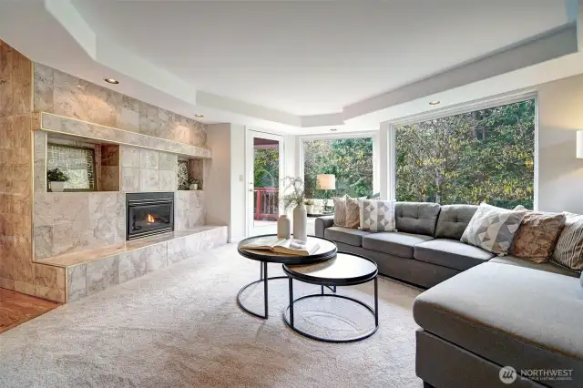 Family room with deck access and gas fireplace