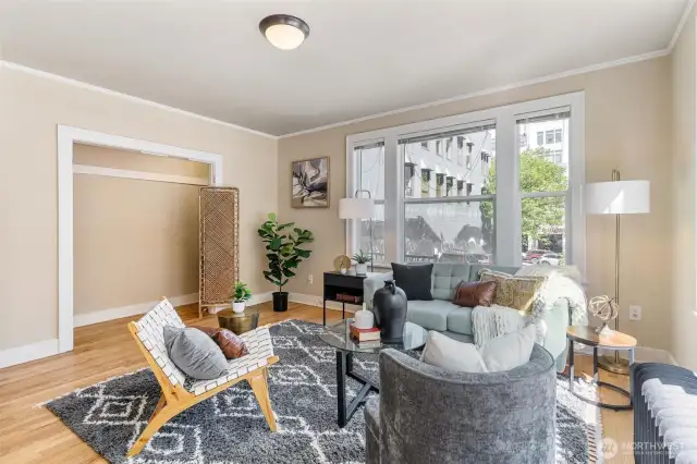 Open and versatile living space, ideal for studio-style living with Murphy bed option.