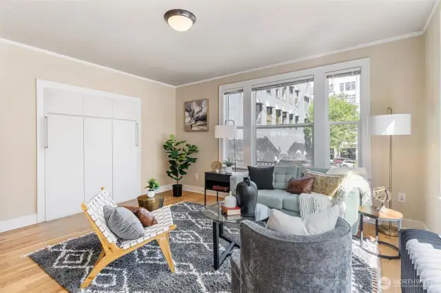 Living room/Studio w virtually staged Murphy bed