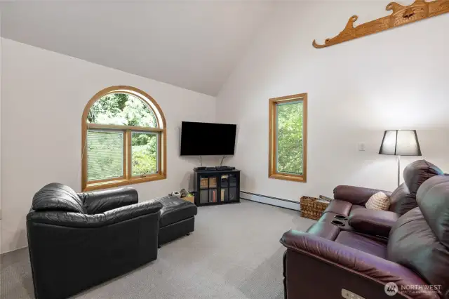 This addition creates a comfortable living room with soaring ceilings and natural wool fiber carpeting.