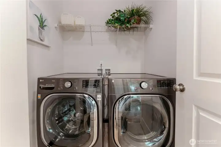 The separate laundry space with sleek front-loading appliances and open shelving combining utility with a touch of design-forward charm
