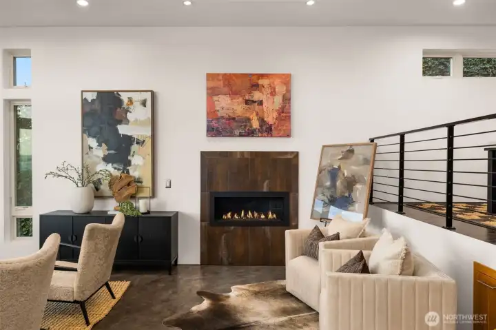 Gas fireplace and milestone flooring.