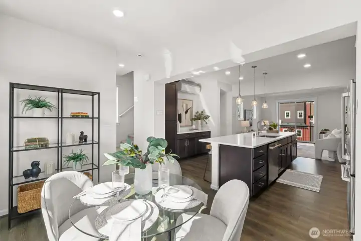 Open layout connecting the kitchen and dining area