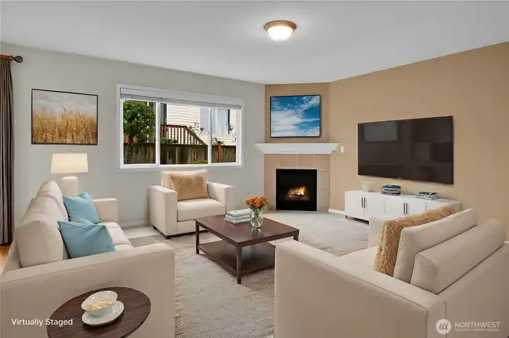 Virtually staged family room.
