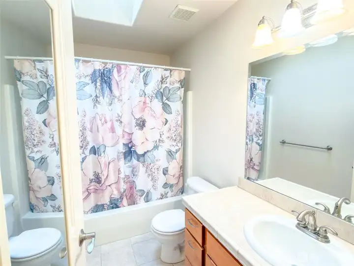 Main full bath, with sublime skylight.